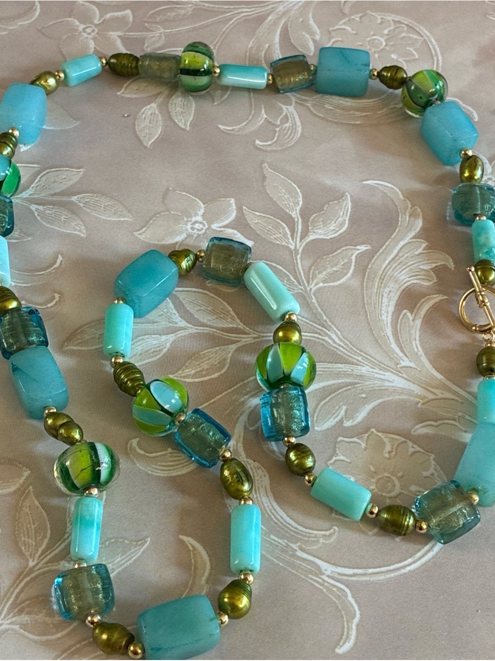 Hand crafted necklace with stone, pearl, and art glass beads in aqua and green - Picture 4 of 7
